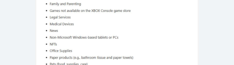 A bulleted list showing Xbox Dash advertising prohibitions including alcohol, cryptocurrency, gambling, dating, NFTs, medical devices, and other restricted content categories.