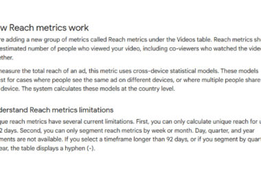 Screenshot explaining how YouTube Reach metrics work and their limitations, showing text about measuring estimated viewers including co-viewers and cross-device statistical models with a 92-day maximum timeframe.