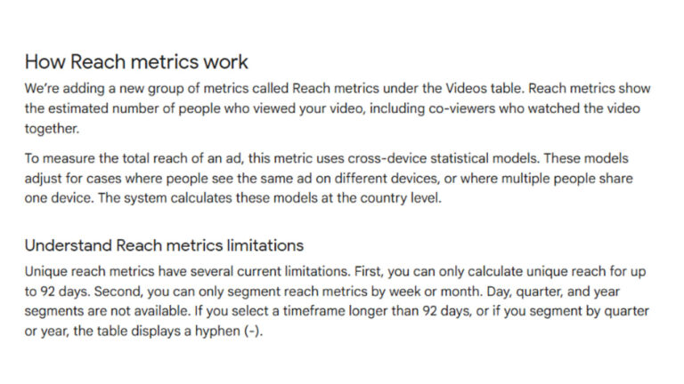 Screenshot explaining how YouTube Reach metrics work and their limitations, showing text about measuring estimated viewers including co-viewers and cross-device statistical models with a 92-day maximum timeframe.