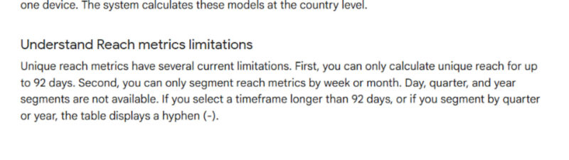 Screenshot explaining how YouTube Reach metrics work and their limitations, showing text about measuring estimated viewers including co-viewers and cross-device statistical models with a 92-day maximum timeframe.