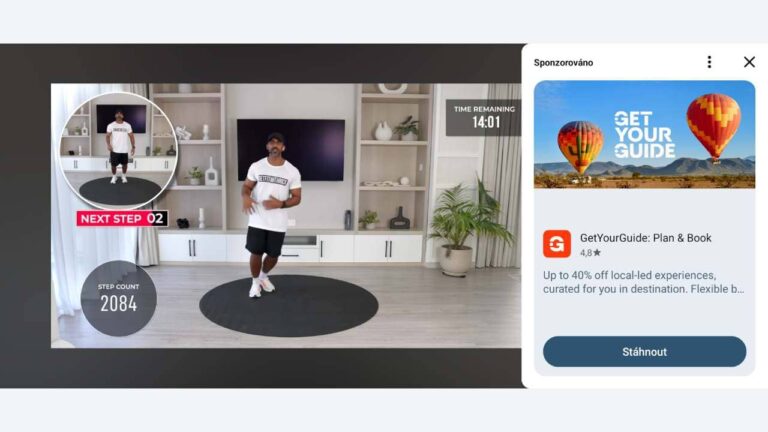 A fitness workout video playing on mobile with an overlaid sponsored GetYourGuide travel advertisement banner featuring hot air balloons, demonstrating YouTube's new image ad placement during horizontal video playback.