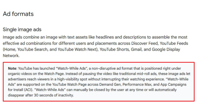 Screenshot of documentation describing YouTube's single image ads format and Watch-While Ads feature, a non-disruptive ad placement positioned below organic videos on the YouTube Watch Page.