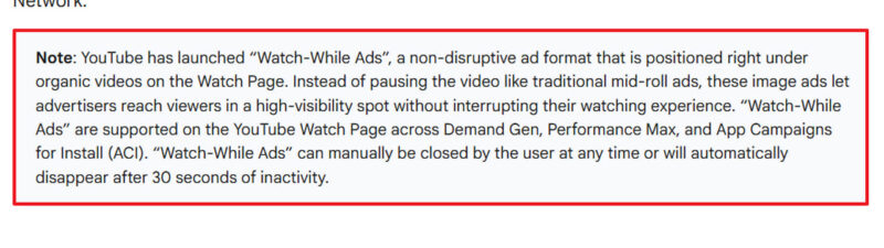 Screenshot of documentation describing YouTube's single image ads format and Watch-While Ads feature, a non-disruptive ad placement positioned below organic videos on the YouTube Watch Page.
