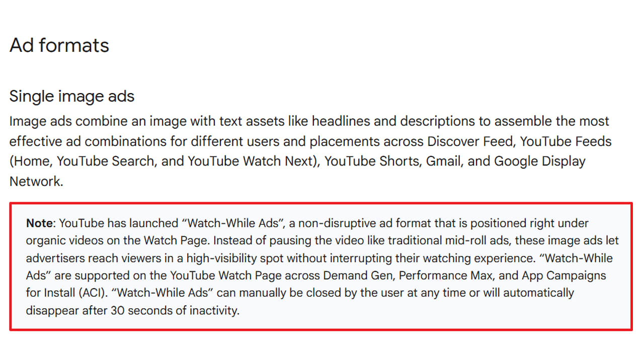 Screenshot of documentation describing YouTube's single image ads format and Watch-While Ads feature, a non-disruptive ad placement positioned below organic videos on the YouTube Watch Page.