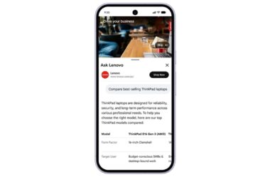 Smartphone displaying a Lenovo ThinkPad laptop comparison card within a search results interface, showing product specifications and a Shop Now button for holiday shopping.