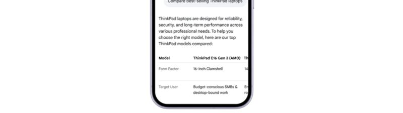 Smartphone displaying a Lenovo ThinkPad laptop comparison card within a search results interface, showing product specifications and a Shop Now button for holiday shopping.