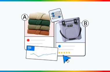 Stacked towels labeled A and a Yeti cooler labeled B are shown on cards with ratings, lists, and charts, suggesting a comparison or review between the two products.