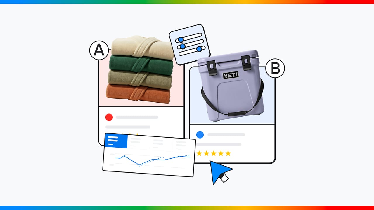 Stacked towels labeled A and a Yeti cooler labeled B are shown on cards with ratings, lists, and charts, suggesting a comparison or review between the two products.