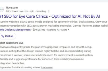 Screenshot of a search result for Roya.com offering SEO and web design services for eye care clinics, highlighting AI optimization, customer reviews, and a link to more customer feedback.