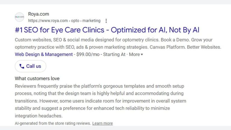 Screenshot of a search result for Roya.com offering SEO and web design services for eye care clinics, highlighting AI optimization, customer reviews, and a link to more customer feedback.
