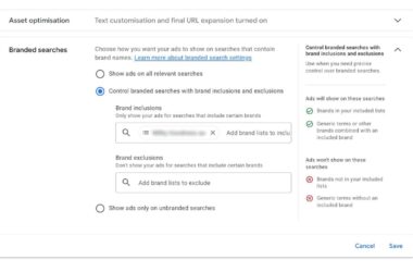 Google Ads branded searches control panel showing options for brand inclusions and exclusions with toggles for controlling ad visibility on branded search queries