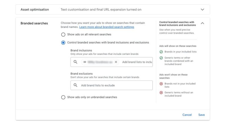 Google Ads branded searches control panel showing options for brand inclusions and exclusions with toggles for controlling ad visibility on branded search queries