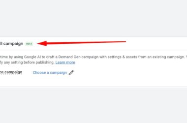 A red arrow points to the “Prefill campaign” section labeled “BETA,” with options to choose a source campaign and a description about drafting campaigns using Google AI.