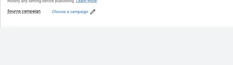 A red arrow points to the “Prefill campaign” section labeled “BETA,” with options to choose a source campaign and a description about drafting campaigns using Google AI.