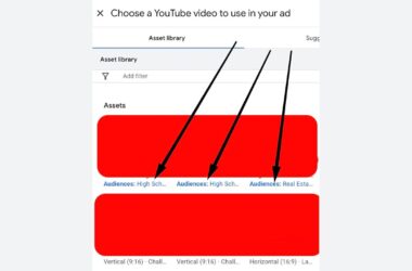 Screenshot of a YouTube ad setup page showing three video assets with audience labels, each highlighted in red, and black arrows pointing to the audience types for each video.