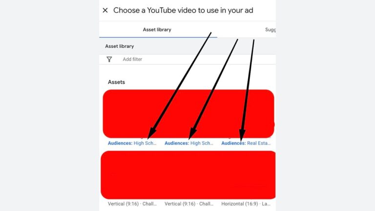 Screenshot of a YouTube ad setup page showing three video assets with audience labels, each highlighted in red, and black arrows pointing to the audience types for each video.