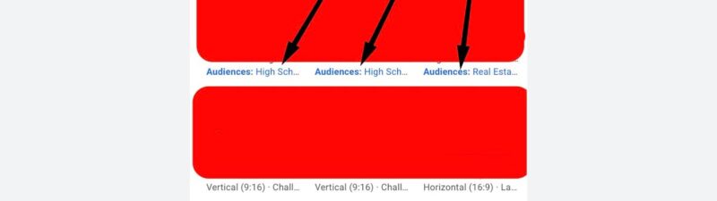 Screenshot of a YouTube ad setup page showing three video assets with audience labels, each highlighted in red, and black arrows pointing to the audience types for each video.