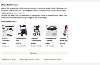 Screenshot showing a list of walking aids and prices from various online shops, including Amazon, and a section titled “Where to Purchase” with links to suppliers in the Philippines.