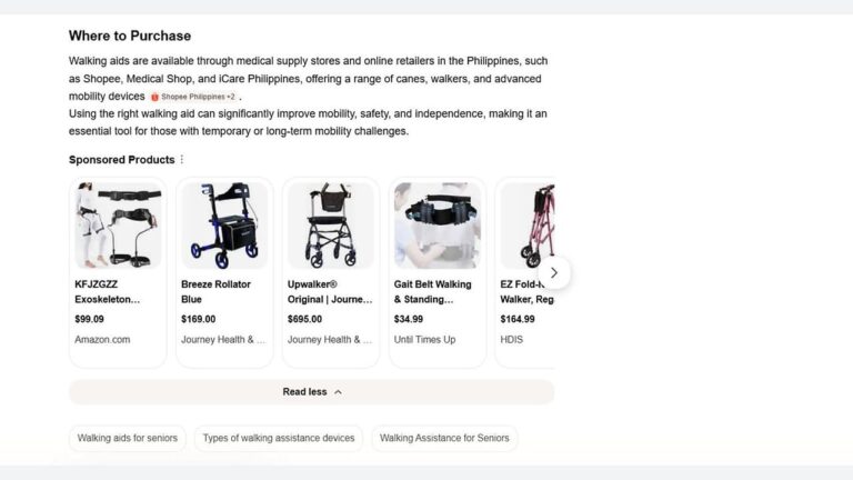 Screenshot showing a list of walking aids and prices from various online shops, including Amazon, and a section titled “Where to Purchase” with links to suppliers in the Philippines.