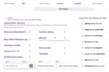 Bing search results page showing expandable sitelinks with descriptions for Best Buy laptop deals, displaying product listings, pricing information, and related search suggestions in the right sidebar.