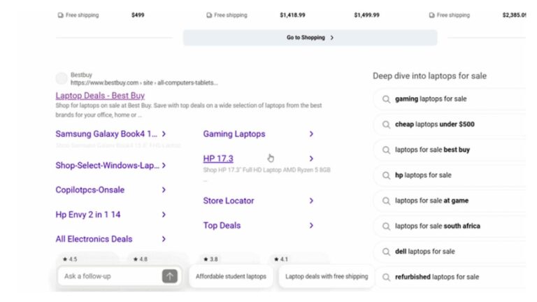 Bing search results page showing expandable sitelinks with descriptions for Best Buy laptop deals, displaying product listings, pricing information, and related search suggestions in the right sidebar.