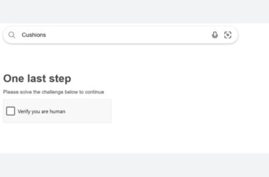 A search bar with “Cushions” typed in, and below it, a message says “One last step: Please solve the challenge below to continue” with a checkbox labeled “Verify you are human.”.