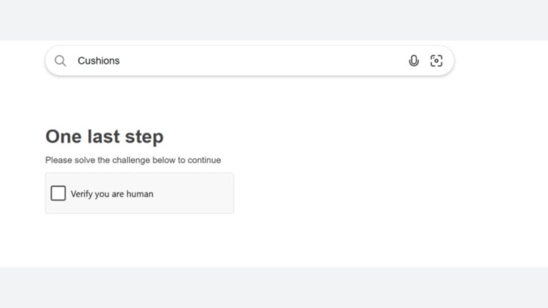 A search bar with “Cushions” typed in, and below it, a message says “One last step: Please solve the challenge below to continue” with a checkbox labeled “Verify you are human.”.