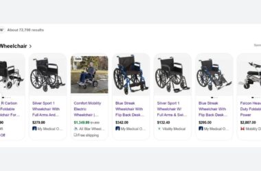A row of wheelchair and mobility device listings with images, prices, and store names displayed in a shopping search results interface.