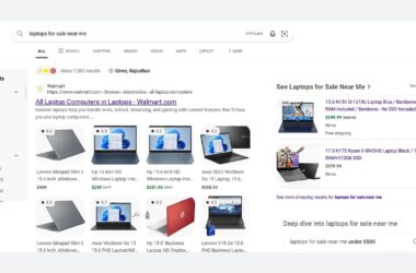Screenshot of Bing search results for laptops for sale near me showing shopping filters in the left sidebar with brand and price options, and product listings with images and prices in the main content area.