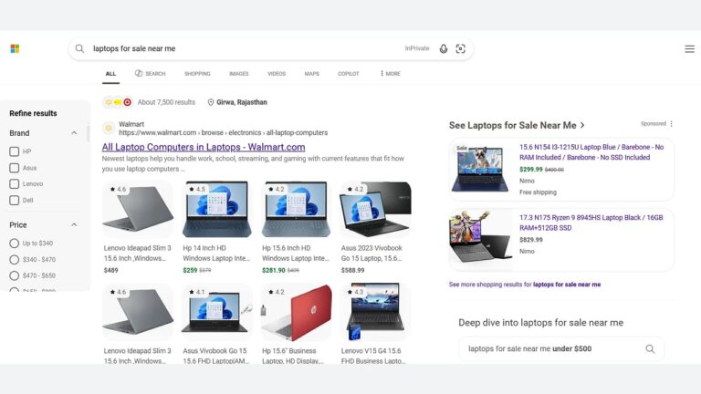 Screenshot of Bing search results for laptops for sale near me showing shopping filters in the left sidebar with brand and price options, and product listings with images and prices in the main content area.