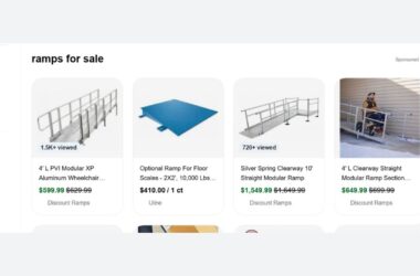 Screenshot of an online shopping page displaying various metal ramps for sale with prices, product titles, view counts, and a photo of a woman using a ramp outside a building.