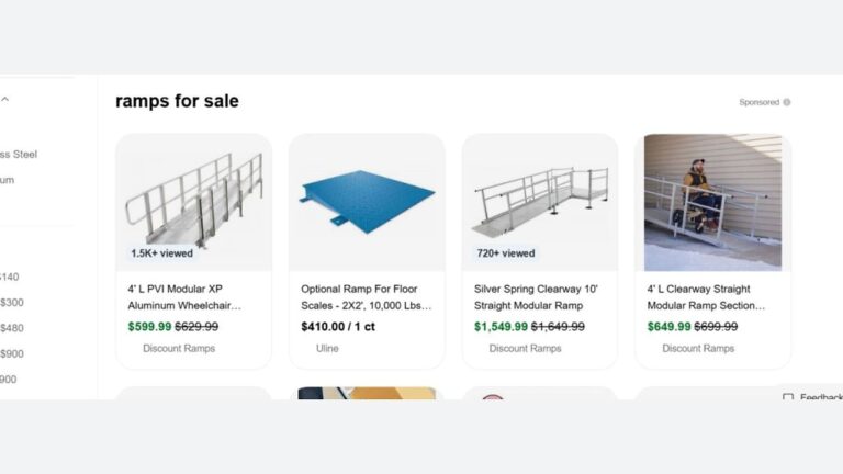 Screenshot of an online shopping page displaying various metal ramps for sale with prices, product titles, view counts, and a photo of a woman using a ramp outside a building.