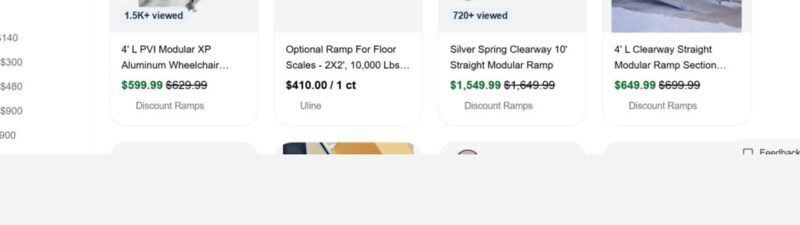 Screenshot of an online shopping page displaying various metal ramps for sale with prices, product titles, view counts, and a photo of a woman using a ramp outside a building.