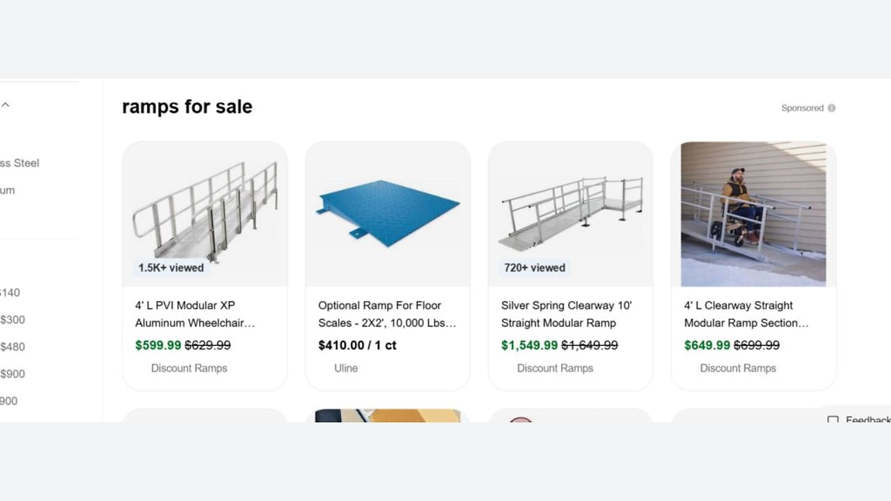 Screenshot of an online shopping page displaying various metal ramps for sale with prices, product titles, view counts, and a photo of a woman using a ramp outside a building.