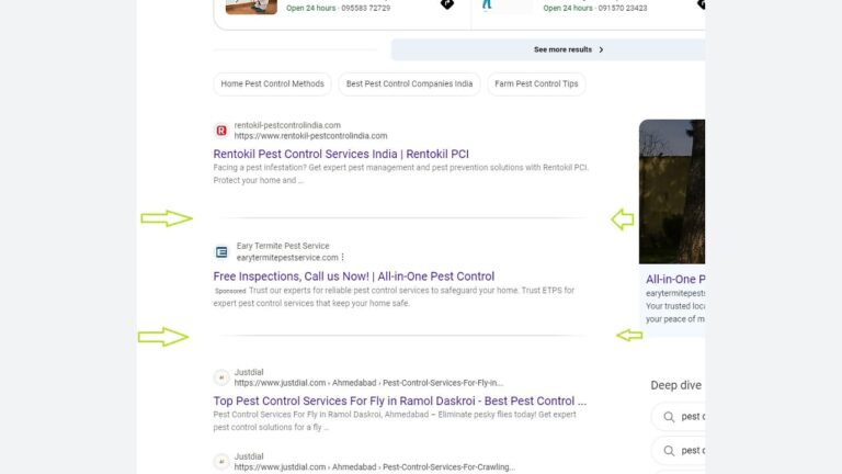 A screenshot of search results for pest control services, showing listings for Rentokil, Eary Termite Pest Service, and Justdial.