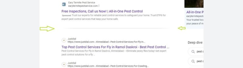 A screenshot of search results for pest control services, showing listings for Rentokil, Eary Termite Pest Service, and Justdial.