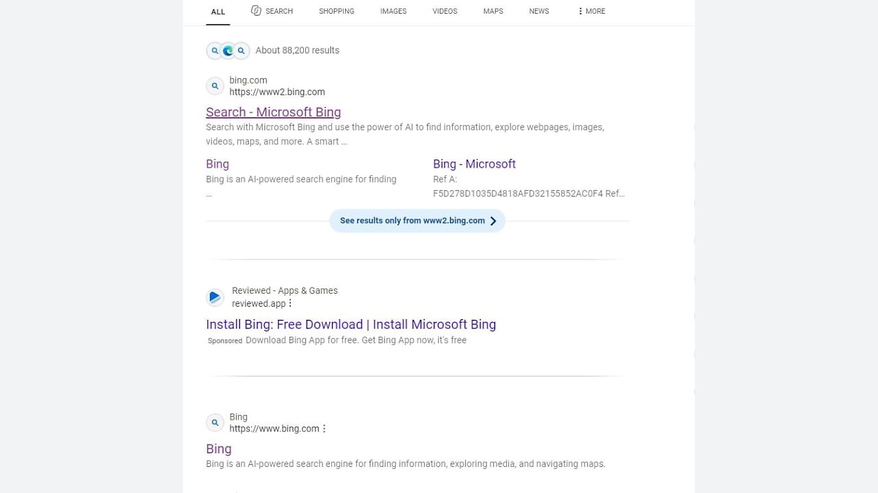 A screenshot of Bing search results for the term “Bing,” showing the official Microsoft Bing website and an app download advertisement.