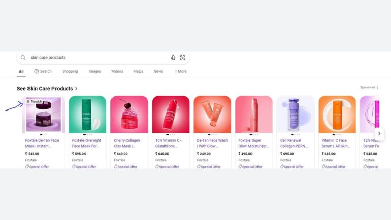 Screenshot of a Google search for “skin care products,” showing sponsored product listings with images of various skincare bottles, jars, and containers on colorful backgrounds. A blue arrow points to a purple jar labeled “Top pick.”.