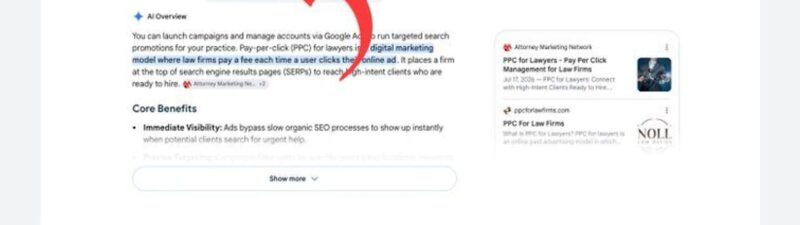 A Google search for “PPC for lawyers” shows sponsored results at the top, with a red arrow pointing to the “Related searches” section below the ads.