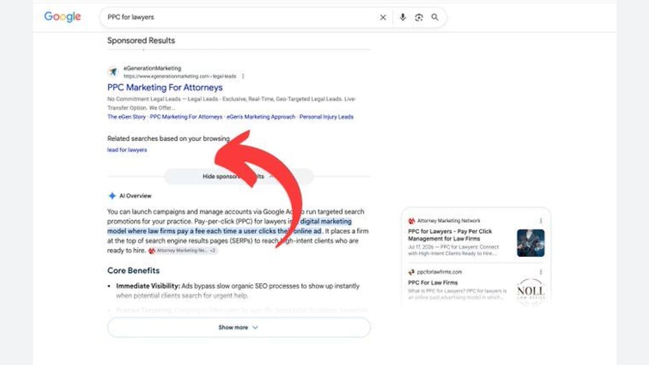 A Google search for “PPC for lawyers” shows sponsored results at the top, with a red arrow pointing to the “Related searches” section below the ads.