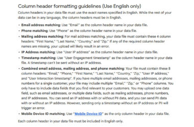 Guidelines for column header formatting in Google Customer Match data files showing required English column names for email, phone, mailing address, IP address, timestamp, mobile device ID, and combined matching options