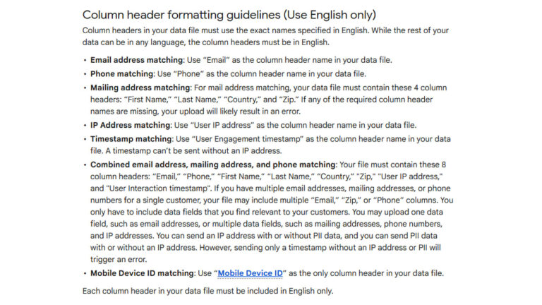 Guidelines for column header formatting in Google Customer Match data files showing required English column names for email, phone, mailing address, IP address, timestamp, mobile device ID, and combined matching options