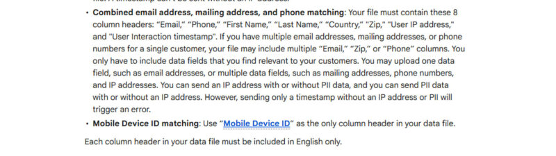 Guidelines for column header formatting in Google Customer Match data files showing required English column names for email, phone, mailing address, IP address, timestamp, mobile device ID, and combined matching options