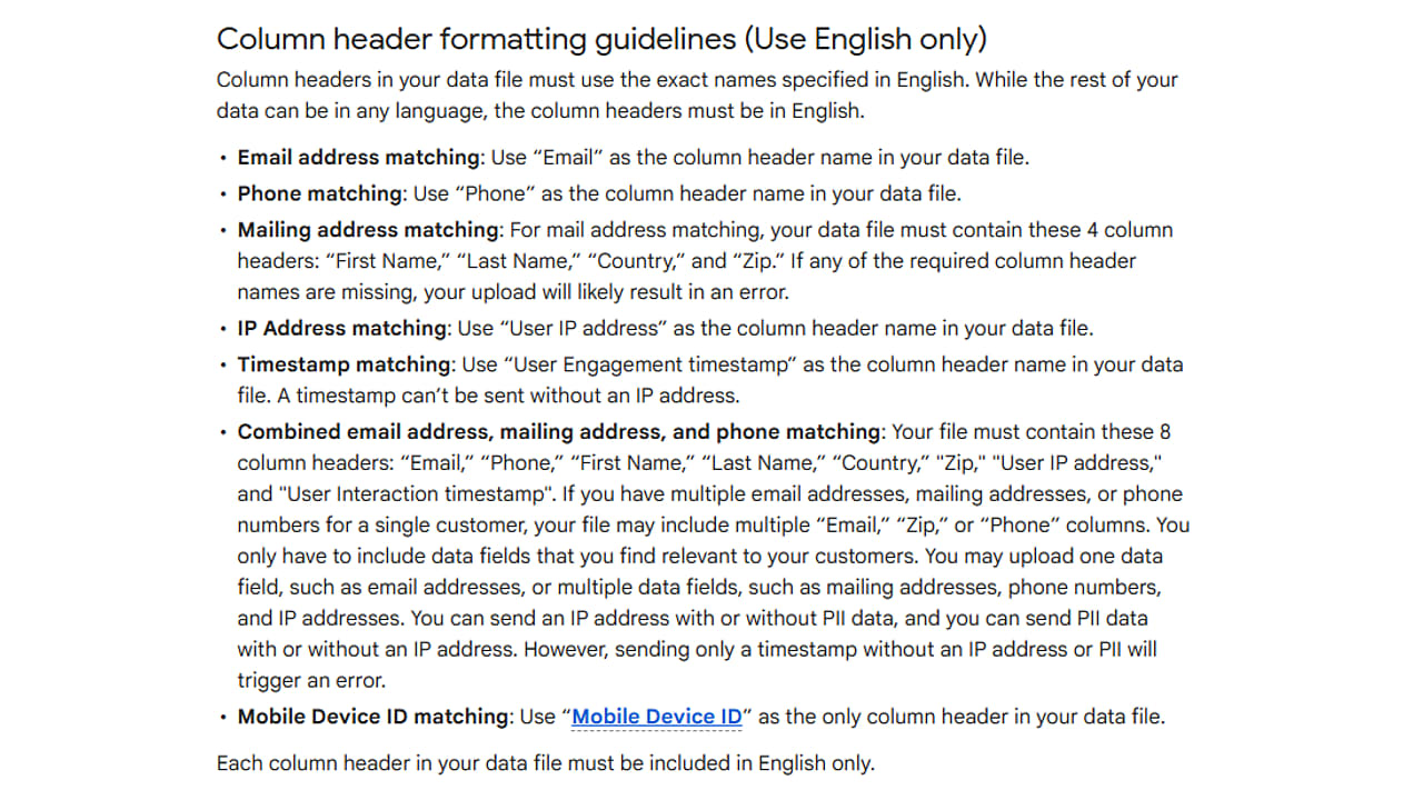 Guidelines for column header formatting in Google Customer Match data files showing required English column names for email, phone, mailing address, IP address, timestamp, mobile device ID, and combined matching options