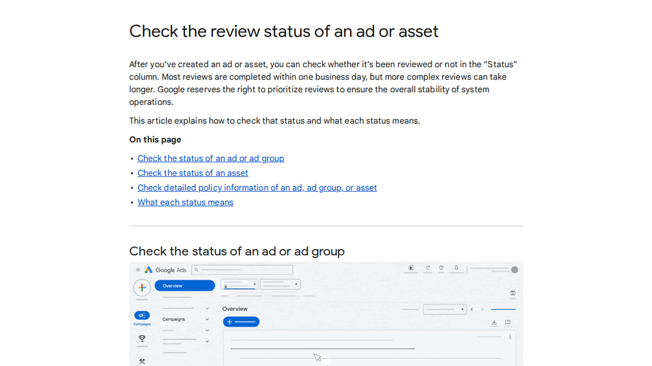 Screenshot of a Google Help page titled “Check the review status of an ad or asset,” showing a guide and a sample image of a Google Ads dashboard with status details.