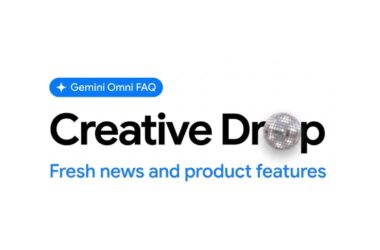 Text graphic with “Gemini Omni FAQ” and “Creative Drop” featuring a disco ball as the letter “o”; subtitle reads “Fresh news and product features.” White background.
