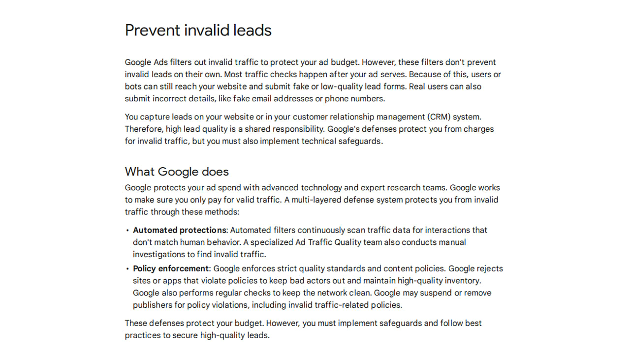 Screenshot of a Google Ads help page section explaining how Google filters invalid leads, what Google does to prevent them, and listing automated protections and policy enforcement as safeguards.