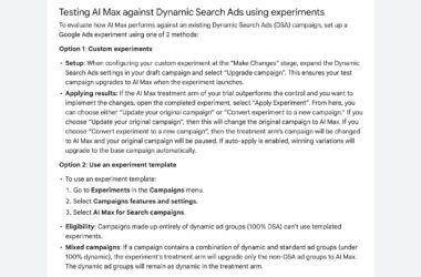 A screenshot of instructions for testing AI Max against Dynamic Search Ads using experiments in Google Ads, detailing two options: custom experiments and ad group-level experiments, eligibility, and mixed campaigns.