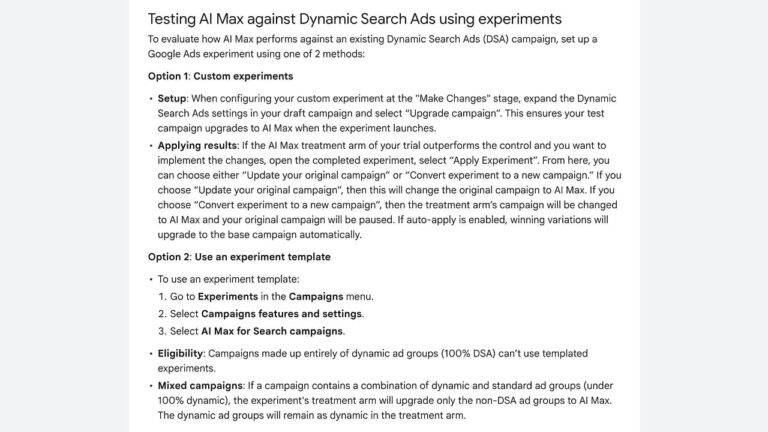 A screenshot of instructions for testing AI Max against Dynamic Search Ads using experiments in Google Ads, detailing two options: custom experiments and ad group-level experiments, eligibility, and mixed campaigns.
