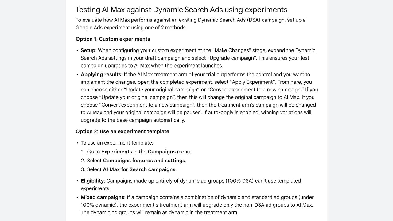 AI Max Experiment Against Dynamic Search Ads